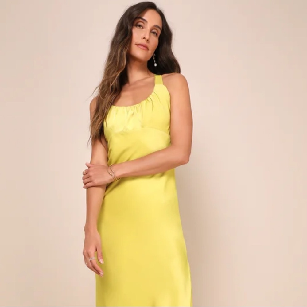 Certainly Glorious Chartreuse Satin Backless Midi Slip Dress 👗